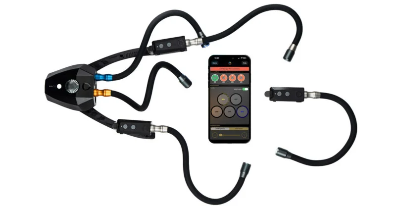 A multi-armed lighting system with flexible gooseneck attachments and a smartphone displaying a control app interface.