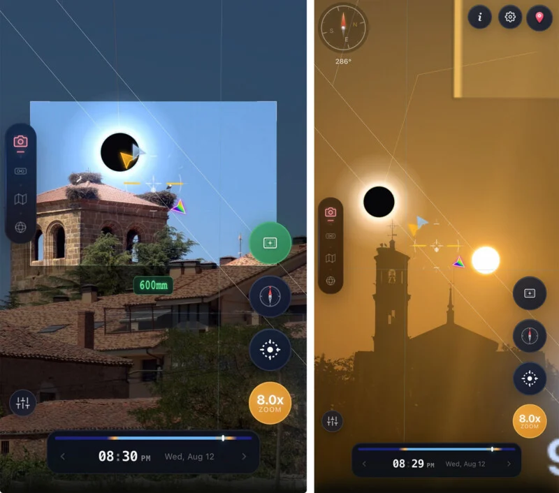 Twee naast elkaar geplaatste screenshots van een fotoplannings-app die een zonne-eclips-afstemming toont met een kerktorentje om 20:30.