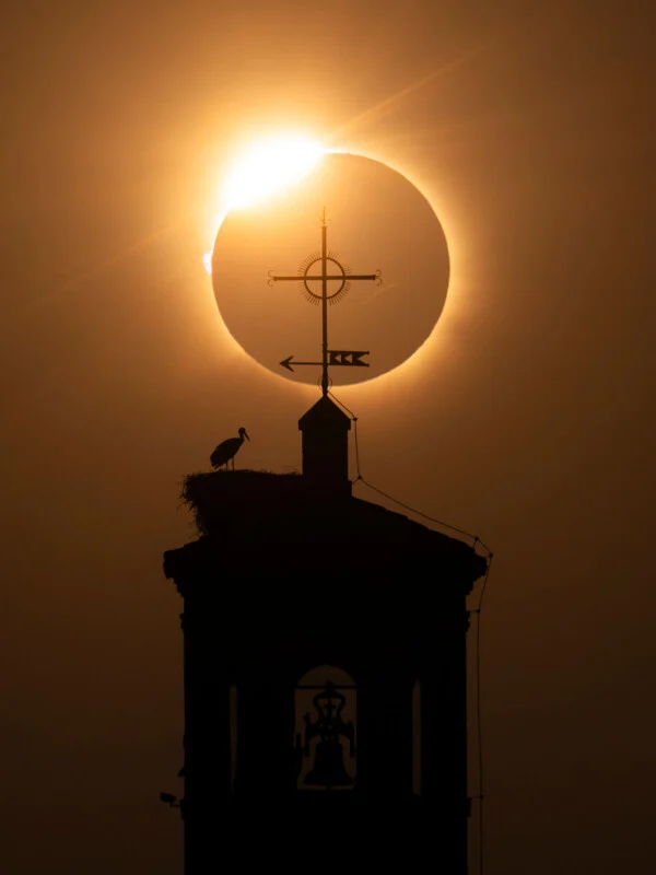Een zonsverduistering verschijnt achter de silhouet van een kerkklokkentoren, met een heksensteek en een ooievaar in een nest.