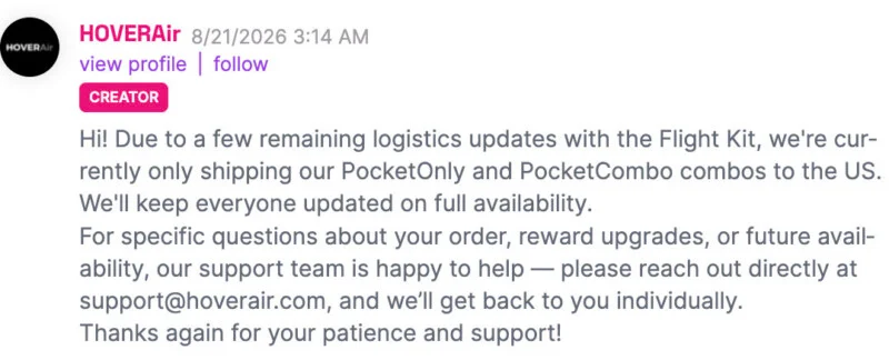 A message from HOVERAir stating that due to logistics updates, only PocketOnly and PocketCombo kits are currently shipping to the US.