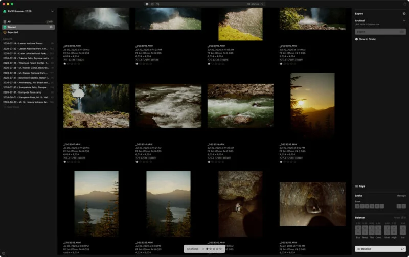 A grid view of a photo editing software interface displaying thumbnails of landscape and nature photography, with a sidebar showing file information and export settings.