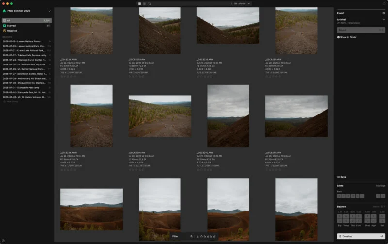 A computer screen displays a photo editing software interface showing a grid of landscape thumbnails from a trip to Lassen National Forest.