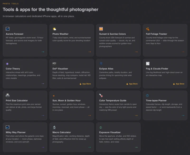 A grid of cards displaying various photography tools and apps, each featuring an icon, title, and brief description.