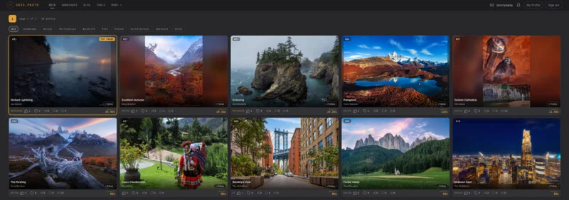 A grid of ten landscape and travel photographs displayed on a website interface, each labeled with a number, title, photographer name, and engagement metrics.
