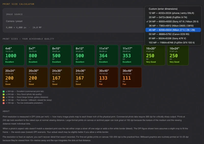 A print size calculator interface showing image resolution settings and a grid of achievable print quality based on DPI.