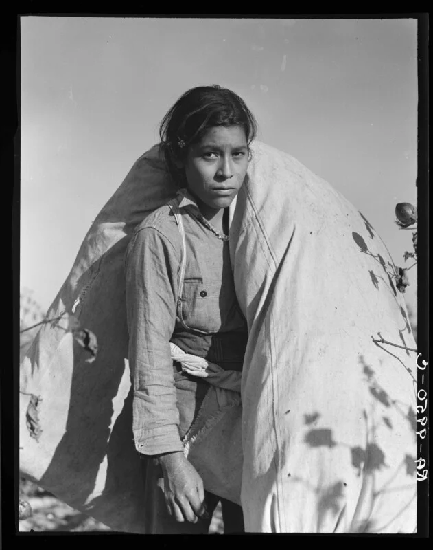 A young girl with dark hair looks directly at the camera while carrying a large, heavy sack of cotton on her back in a field.