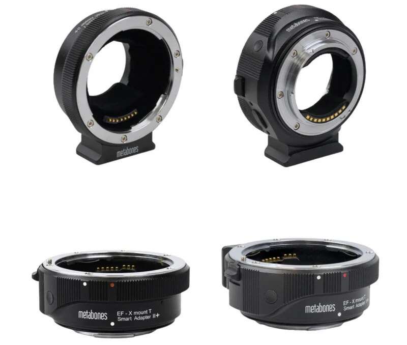 Four views of a black Metabones EF-X mount T Smart Adapter II+ lens adapter, shown from various angles against a white background.
