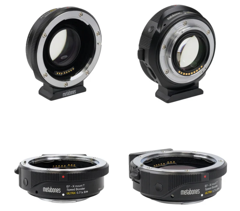 Four views of a Metabones EF-X mount T Speed Booster ULTRA 0.71x II+ lens adapter, showing its front, back, and side profiles.