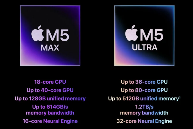 A comparison chart showing specifications for the Apple M5 Max and M5 Ultra chips, detailing their CPU, GPU, memory, and engine cores.