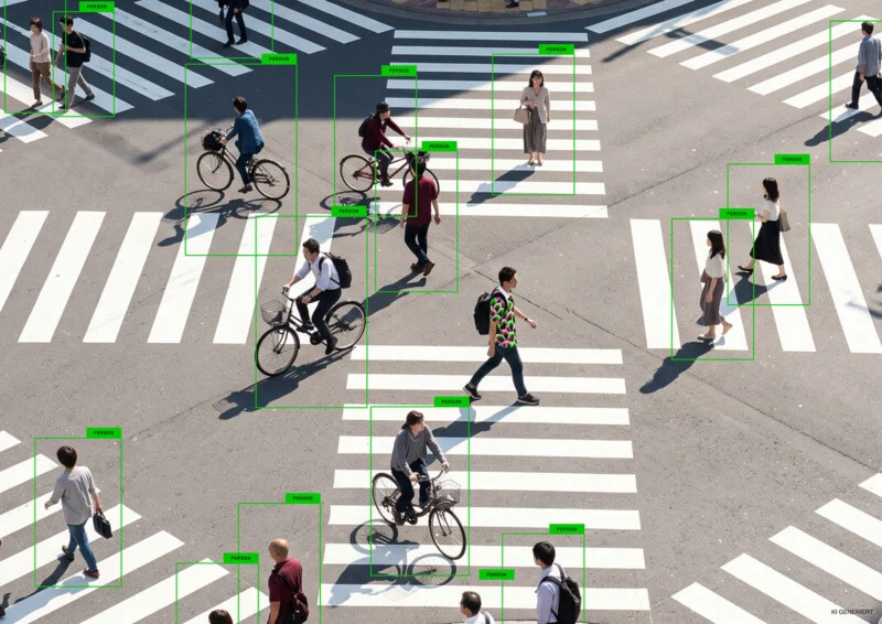 An aerial view shows pedestrians and cyclists crossing a city intersection, with green bounding boxes labeled "PERSON" around each individual.