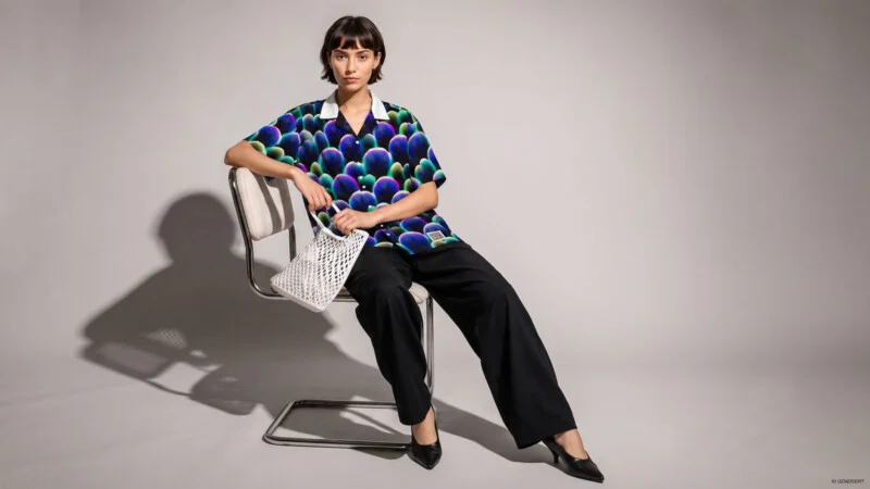 A woman with short dark hair sits on a metal-framed chair, wearing a patterned short-sleeved shirt, black trousers, and black heels while holding a white mesh handbag.