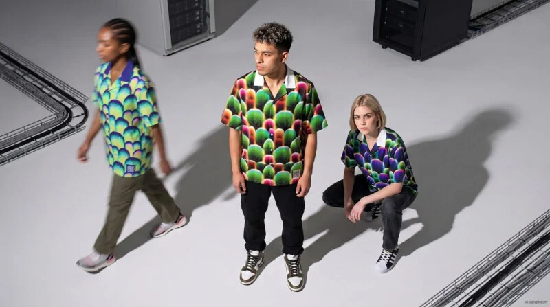 Three people stand in a studio wearing matching patterned short-sleeve shirts with white collars, with one person in motion on the left.