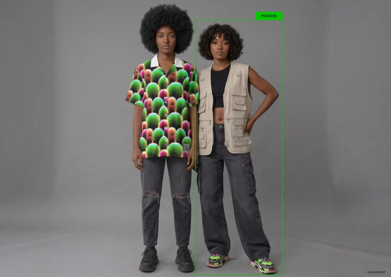 Two women stand side-by-side against a grey background, one wearing a patterned shirt and the other a beige utility vest.