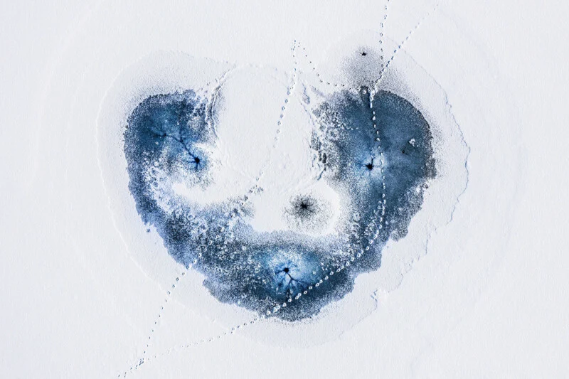 An aerial view shows a heart-shaped patch of dark, melting ice surrounded by white snow, with animal tracks crossing the surface.