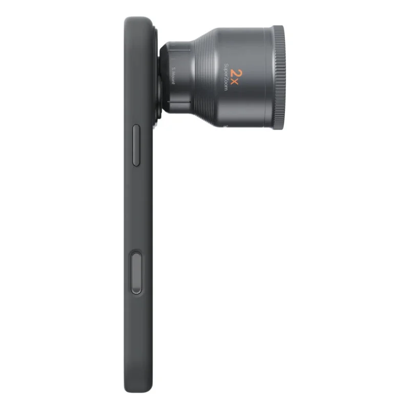 A side view of a smartphone in a black case with a 2x SuperZoom lens attachment mounted over the camera.