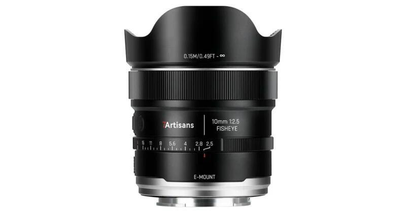 A black 7Artisans 10mm f/2.5 fisheye lens for Sony E-mount cameras, shown from a front-facing perspective.