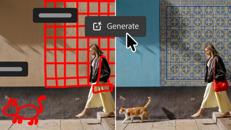 A split-screen comparison shows a woman walking past a wall, with a red-sketched cat and grid on the left and a generated cat and tiled wall on the right.
