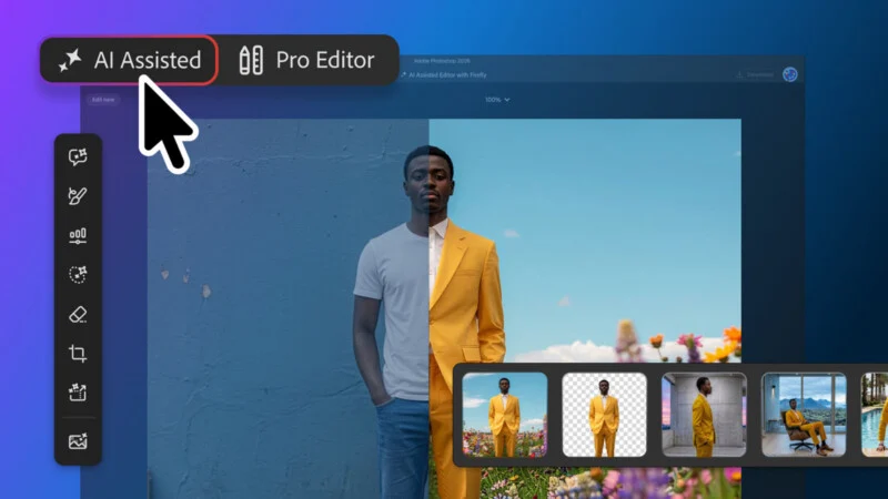 A digital photo editing interface shows an AI-assisted mode with a toolbar on the left and a carousel of edited image variations at the bottom.