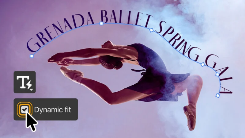 A ballerina leaps through purple smoke with the text "GRENADA BALLET SPRING GALA" arched above her, accompanied by a "Dynamic fit" interface button.