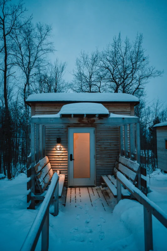 A small wooden cabin with a glowing doorway and a snow-covered porch sits in a snowy forest at twilight.