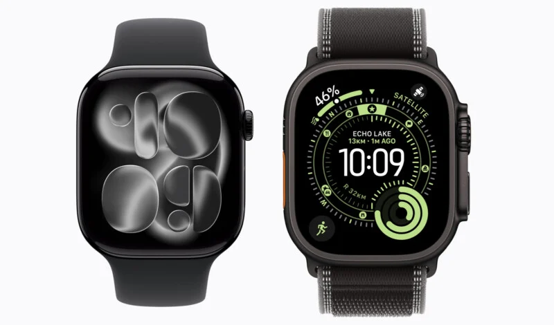 Two Apple Watches side-by-side: a sleek black model with a minimalist abstract face on the left, and a rugged Ultra model with a detailed green-accented data display on the right.