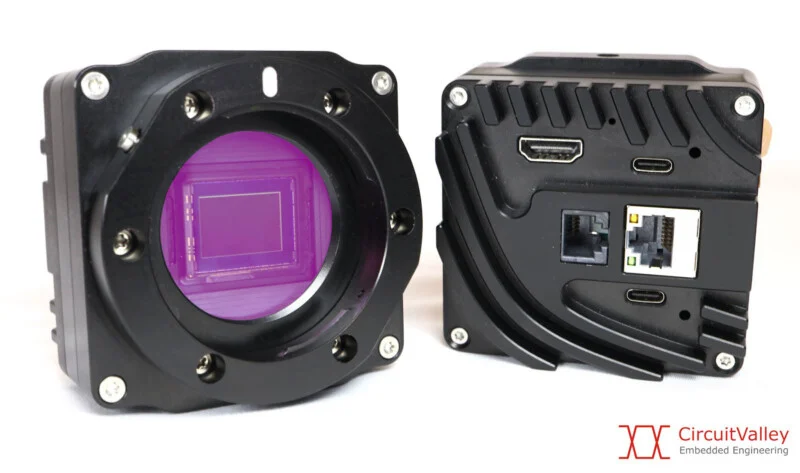 Two industrial camera modules are shown side-by-side, one displaying its purple-tinted image sensor and the other showing its rear panel with HDMI, USB-C, and Ethernet ports.