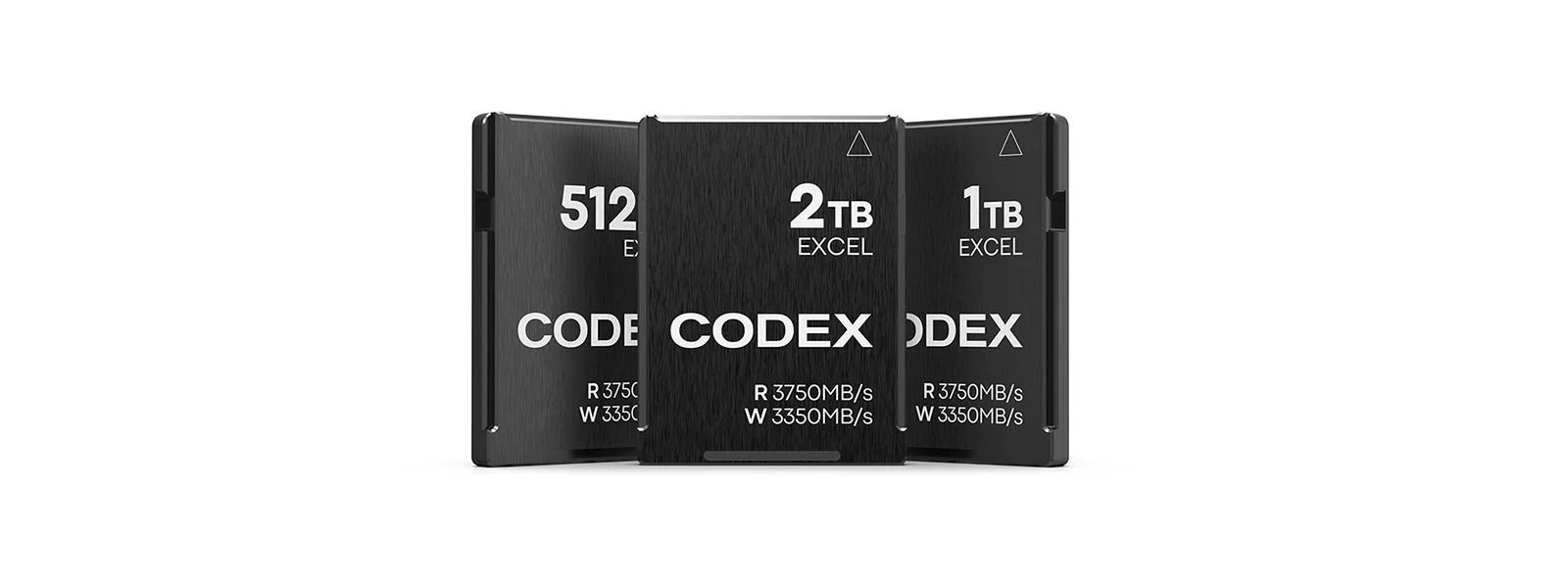 Three black rectangular storage drives stand side-by-side, labeled with capacities of 512GB, 2TB, and 1TB, and performance speeds of R 3750MB/s and W 3350MB/s.