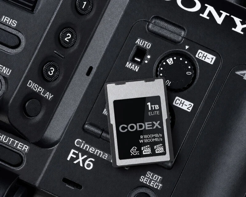 A 1TB Codex CFexpress Type A memory card rests on the side panel of a Sony Cinema FX6 camera.
