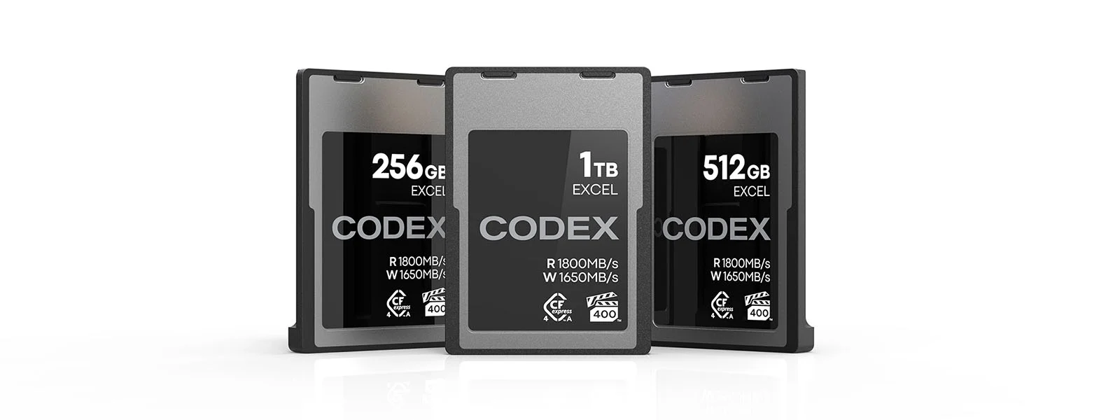 Three Codex Excel CFexpress 4.0 Type A memory cards with capacities of 256GB, 1TB, and 512GB stand side-by-side.