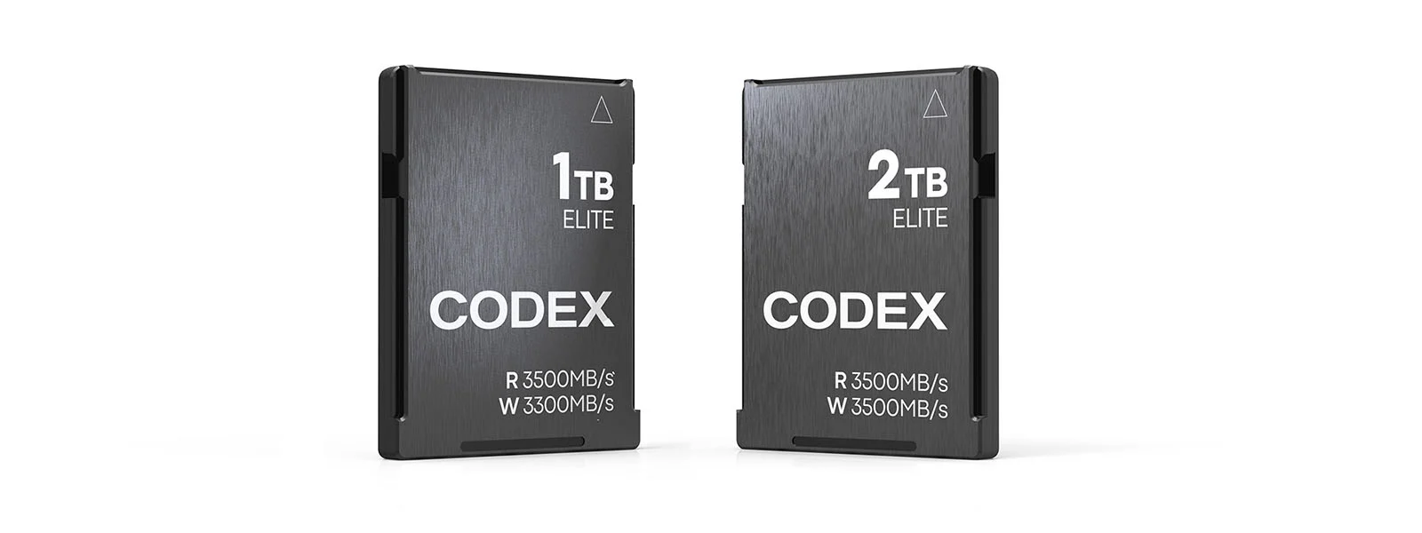 Two black Codex Elite memory cards, one with 1TB capacity and one with 2TB capacity, standing upright against a white background.