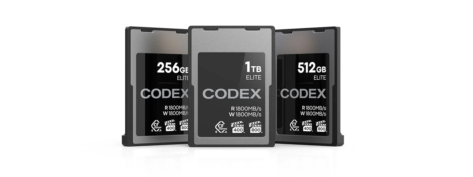 Three Codex Elite CFexpress 4.0 memory cards with capacities of 256GB, 1TB, and 512GB standing upright against a white background.