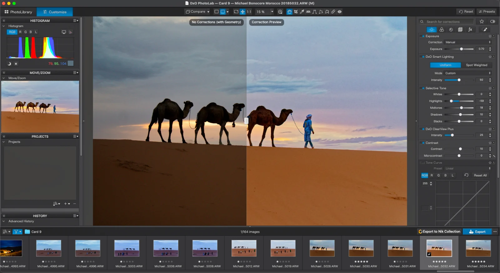 A split-screen view in DxO PhotoLab software shows a desert scene with camels and a person, comparing an unedited version on the left with an edited version on the right.