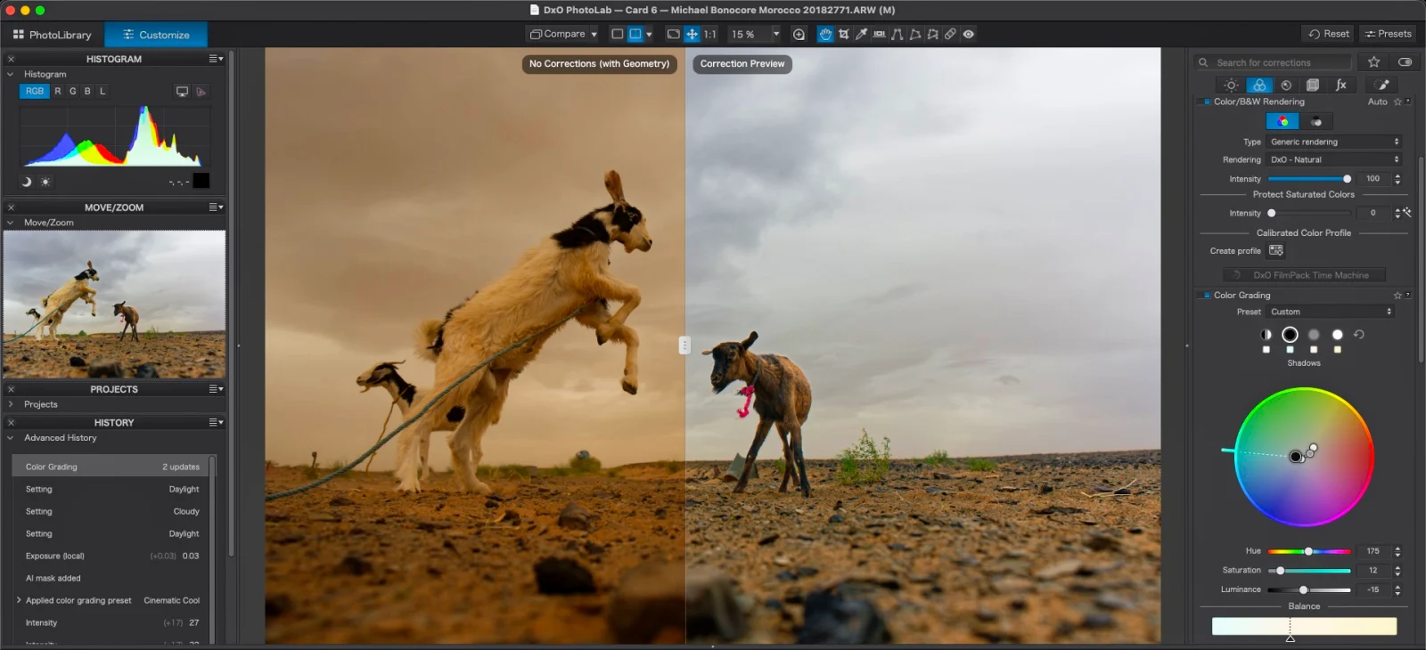 A split-screen view in photo editing software shows an older man holding a young child in a desert landscape, with the right side displaying enhanced color and contrast.