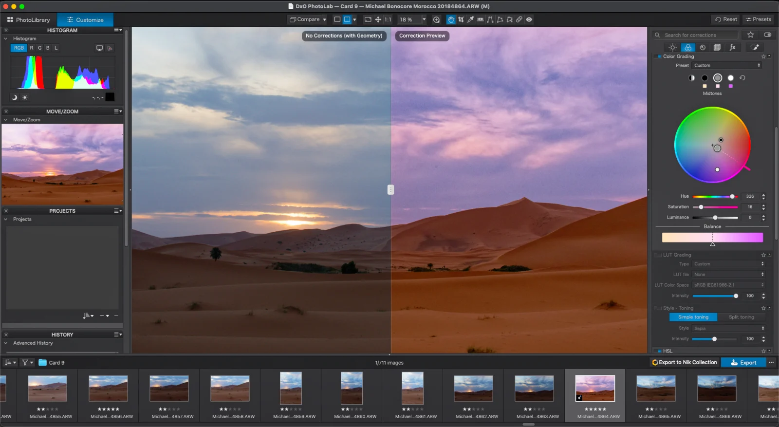 A split-screen view in DxO PhotoLab software shows a desert landscape at sunset, with the left side unedited and the right side featuring a purple-toned color grade.