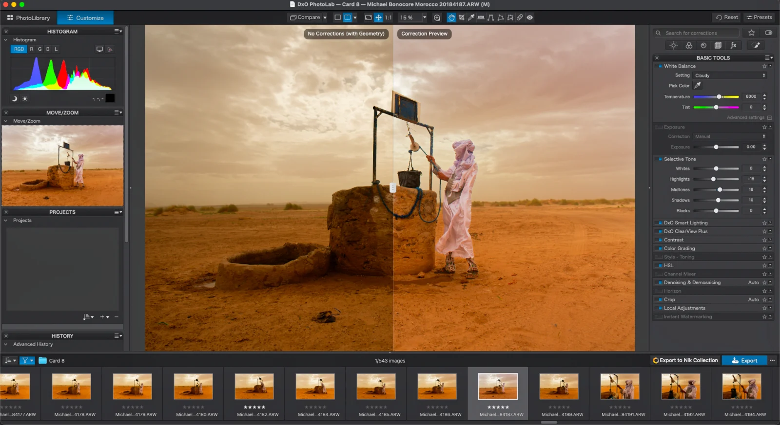 A split-screen view in DxO PhotoLab software shows a desert scene with a person in traditional clothing at a well, with the left side showing the original image and the right side showing color-corrected adjustments.