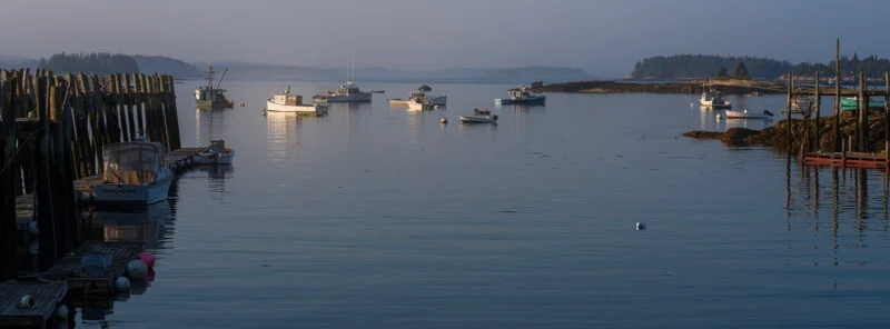 A calm harbor at dawn features several moored fishing boats, a wooden pier on the left, and distant forested islands.