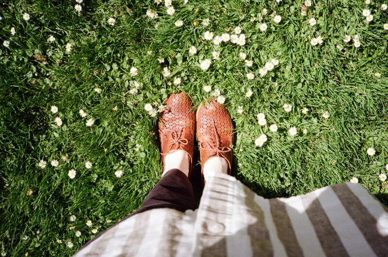 A person wearing brown perforated leather shoes and dark trousers stands in a field of green grass dotted with small white daisies.