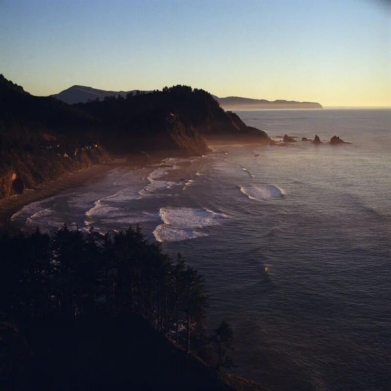 A high-angle view of a rugged coastline at sunset, with dark forested cliffs overlooking a beach and the ocean.