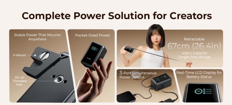 A promotional graphic for a portable power bank featuring a V-mount, 1/4"-20 threaded hole, retractable USB-C cable, and LCD display.
