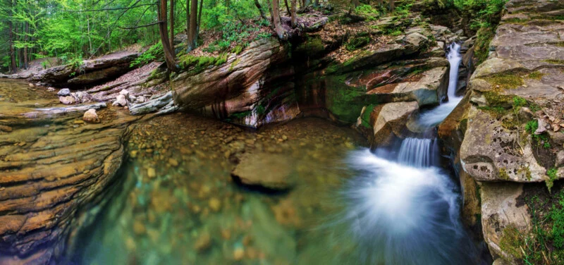 A small waterfall cascades over layered rock formations into a clear, shallow pool surrounded by a lush green forest.