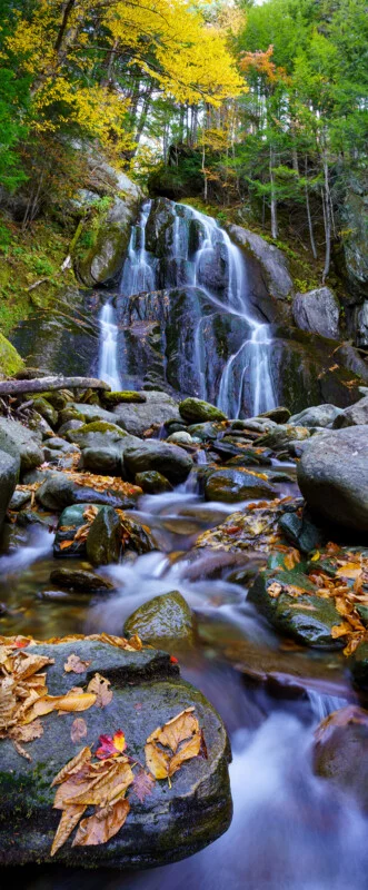 A multi-tiered waterfall cascades over dark, mossy rocks into a stream filled with smooth stones and fallen autumn leaves.