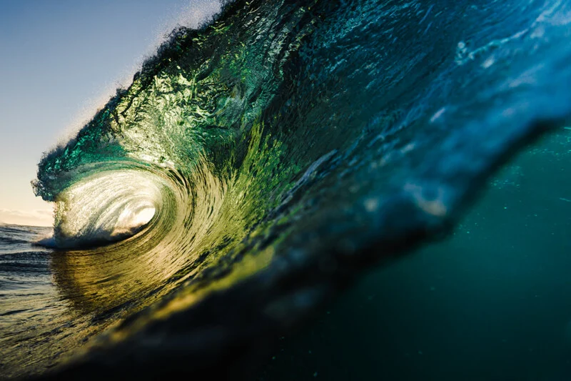 A large, translucent ocean wave curls into a barrel, illuminated by golden sunlight shining through the water.