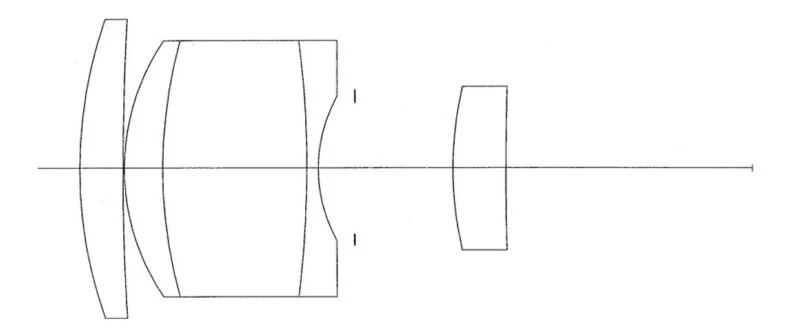 A technical diagram showing the cross-section of a four-element optical lens system arranged along a horizontal axis.