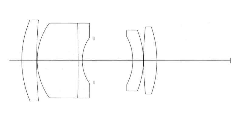 A technical diagram showing the cross-section of a camera lens with five glass elements arranged along a horizontal axis.