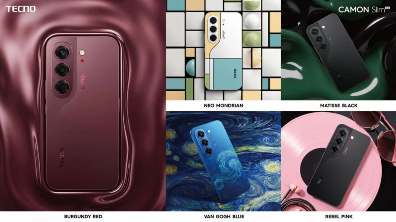 A collage showing five different color and design variations of the Tecno Camon smartphone, labeled Burgundy Red, Neo Mondriaan, Matisse Black, Van Gogh Blue, and Rebel Pink.