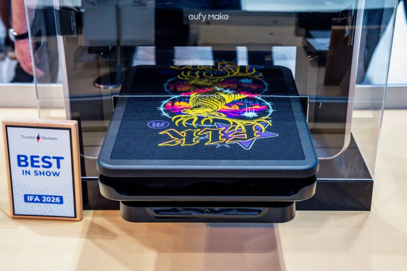 A eufy Make garment printer displays a t-shirt with a colorful elk graphic, next to a "Best in Show IFA 2026" award sign.