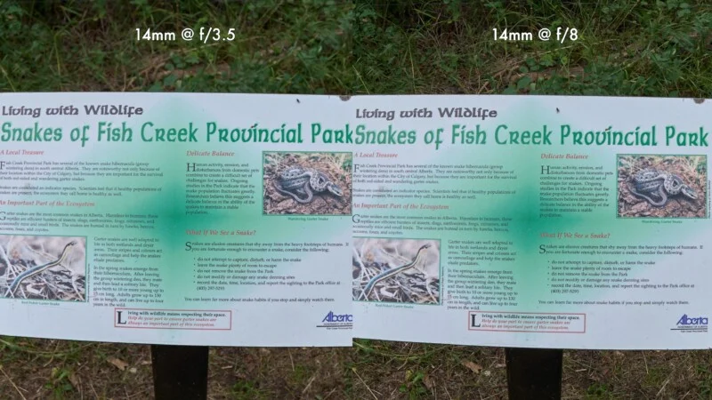 A side-by-side comparison of a sign titled "Living with Wildlife: Snakes of Fish Creek Provincial Park" at two apertures.