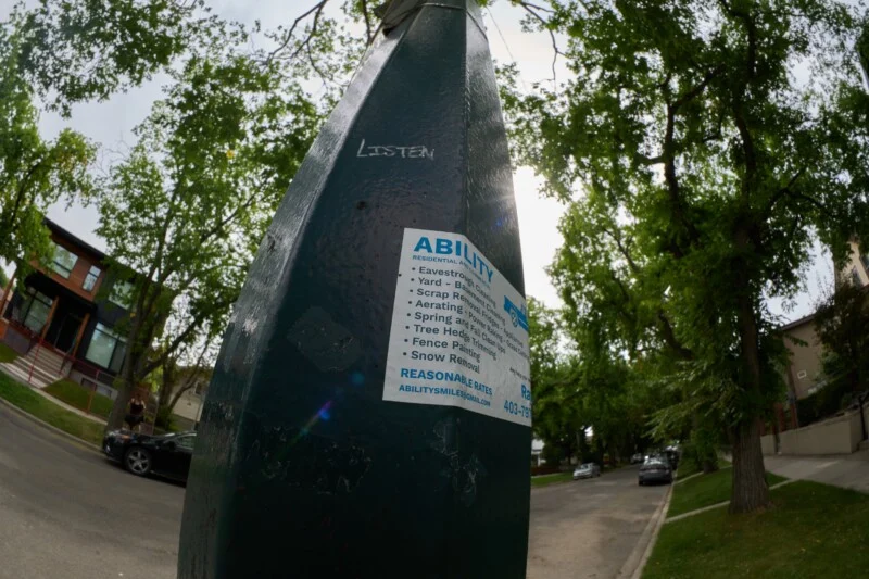 A close-up, wide-angle view of a dark green utility pole with a flyer for "Ability" residential and commercial services attached.
