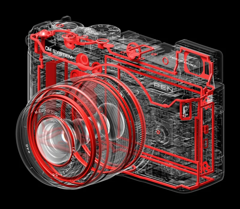 A digital camera shown in a transparent, x-ray style view with internal components highlighted in red against a black background.