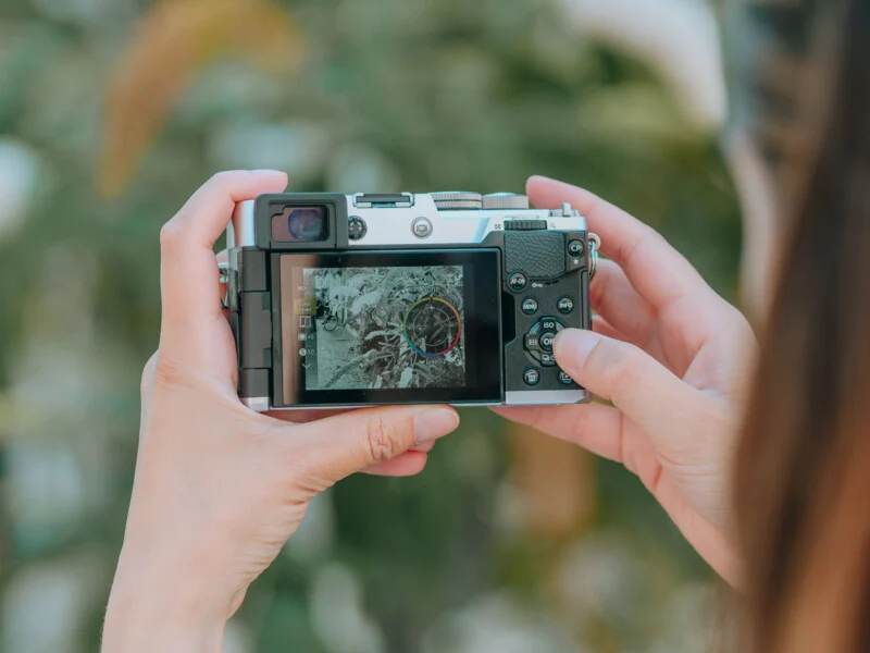 A person holds a digital camera, displaying a monochrome image with a color adjustment wheel on its screen, against a blurred green background.